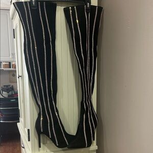 Sexy Black Denim Thigh-High Boots with Silver Stripes new in box size 9